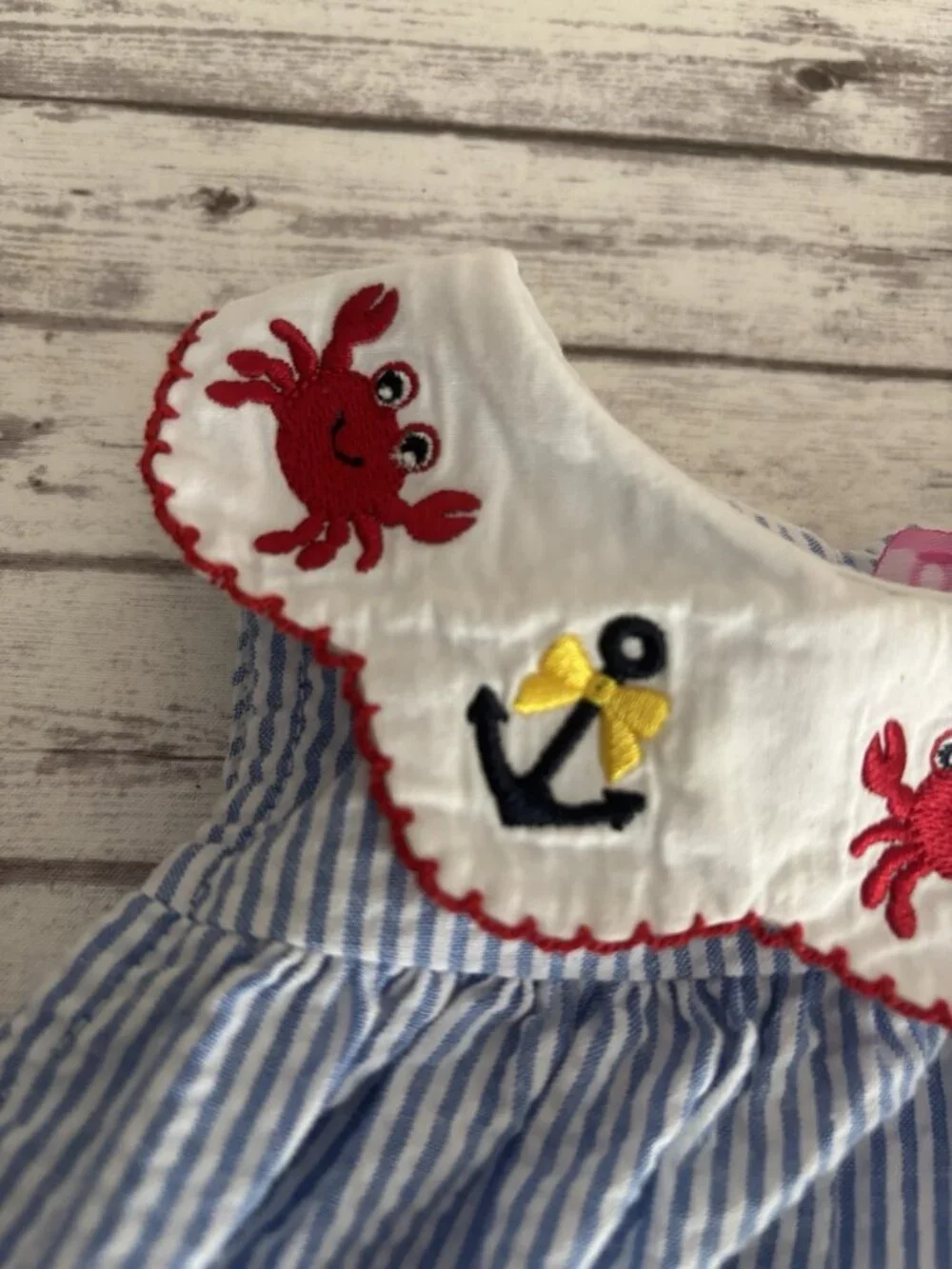 Good Lad 12 Month Blue White Striped Cotton Romper Crab Anchor Embroidered Beach